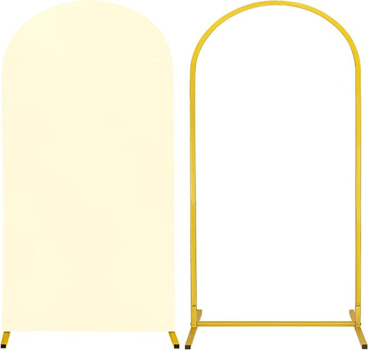 Metal Arch Stand and Cover Set,1 Ivory Spandex Fitted Backdrop with 1 Gold Wedding Arched Stand Frame for Parties Birthday Baby Shower Bridal Banquet Decoration (6.6FT)