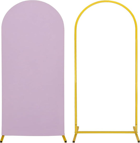 Metal Arch Stand and Cover Set,1 Light Purple Spandex Fitted Backdrop with 1 Gold Wedding Arched Stand Frame for Parties Birthday Baby Shower Bridal Banquet Decoration (6FT)