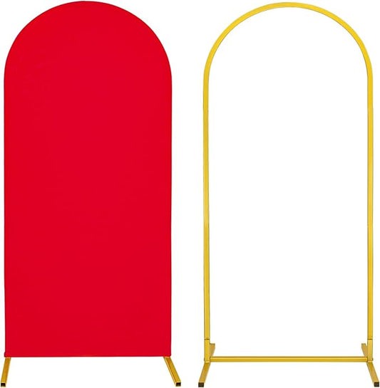 Metal Arch Stand and Cover Set,1 Red Spandex Fitted Backdrop with 1 Gold Wedding Arched Stand Frame for Parties Birthday Baby Shower Bridal Banquet Decoration (6FT)