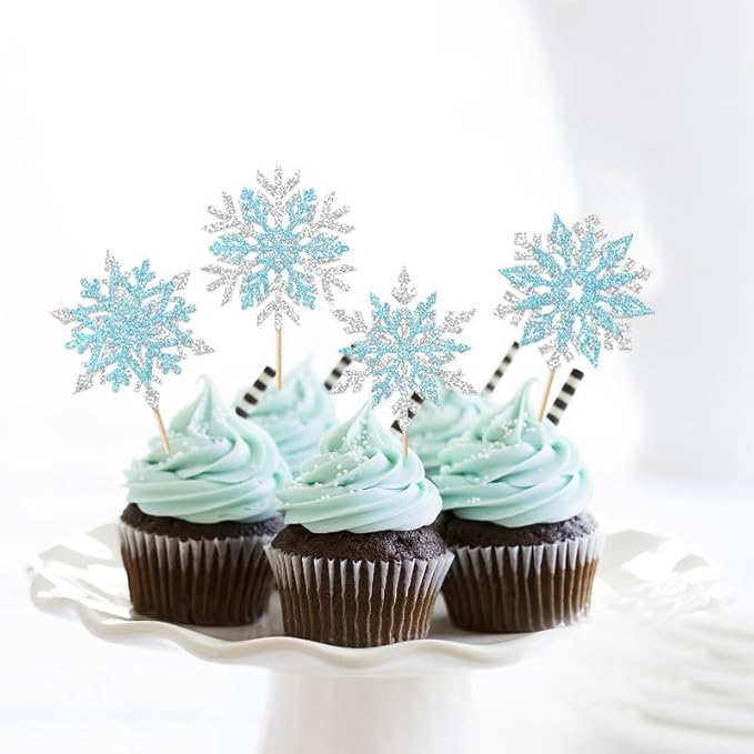 24Pcs Snowflake Cupcake Toppers Glitter Silver and Blue Frozen Cupcake Picks for Winter Frozen Theme Christmas Winter Wonderland Baby Shower Birthday Wedding Decoration Supplies
