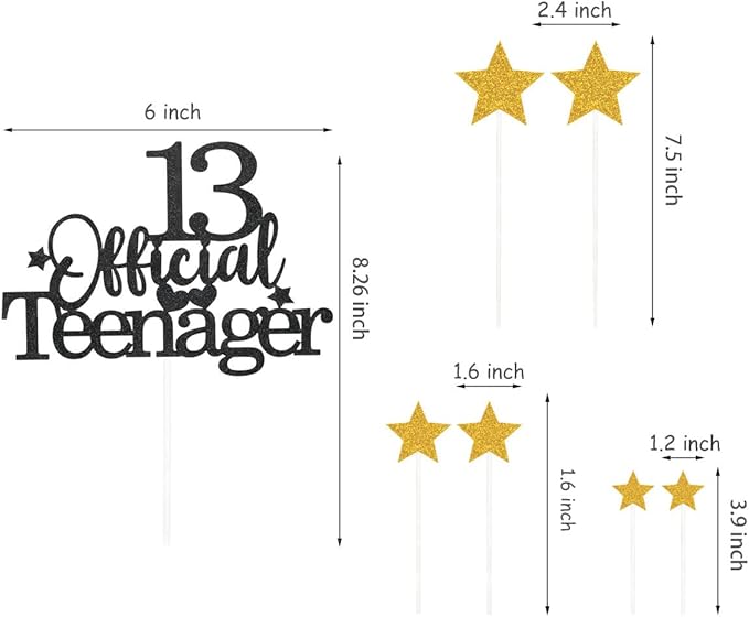 Glittery 13 Ofiicial Teenager Cake Topper with Star,13th Happy Birthday Cake Topper Party Decorations Party Supplies for Boys Girls Black Gold