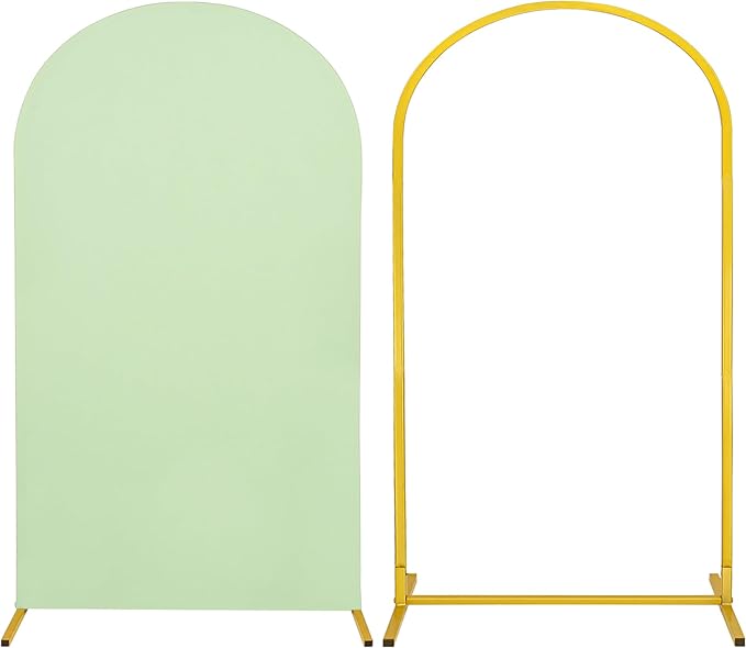 Metal Arch Stand and Cover Set,1 Sage Green Spandex Fitted Backdrop with 1 Gold Wedding Arched Stand Frame for Parties Birthday Baby Shower Bridal Banquet Decoration (7.2FT)
