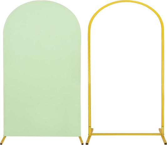 Metal Arch Stand and Cover Set,1 Sage Green Spandex Fitted Backdrop with 1 Gold Wedding Arched Stand Frame for Parties Birthday Baby Shower Bridal Banquet Decoration (7.2FT)