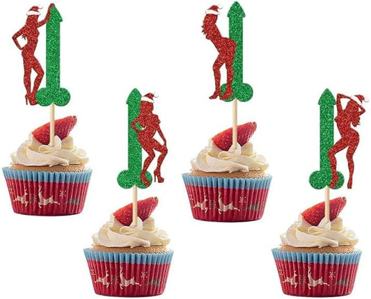 24Pcs Christmas Cupcake Toppers Red-green Glitter Pole Dancing Girl Cupcake Toppers Bachelor Party Christmas Hat Cupcake Picks for Christmas Bachelor Hen Funny Bridal Shower Birthday Party Supplies