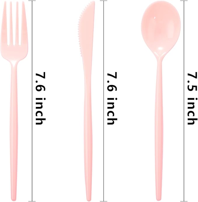 Supernal 180pcs Pink Plastic Silverware Heavy Duty Pink Party Disposable Cutlery Plastic Forks and Spoons Disposable Utensils Include 60 Forks,60 Knvies,60 Spoons for Wedding,Party or Daily Using