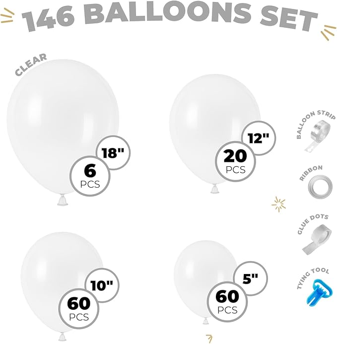 Balloon Garland Arch Kit – 146 Pcs Clear Balloons for Baby Shower, Birthday, Gender Reveal, Wedding Party – DIY Kit by Vellax™