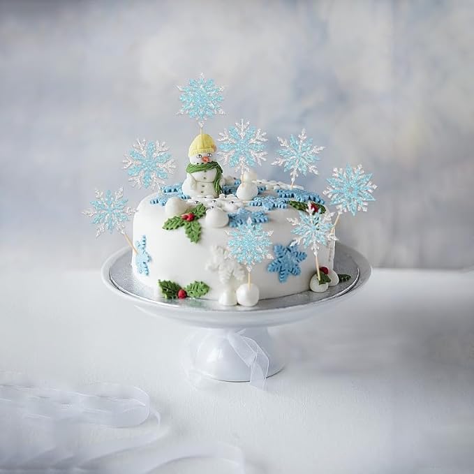 24Pcs Snowflake Cupcake Toppers Glitter Silver and Blue Frozen Cupcake Picks for Winter Frozen Theme Christmas Winter Wonderland Baby Shower Birthday Wedding Decoration Supplies