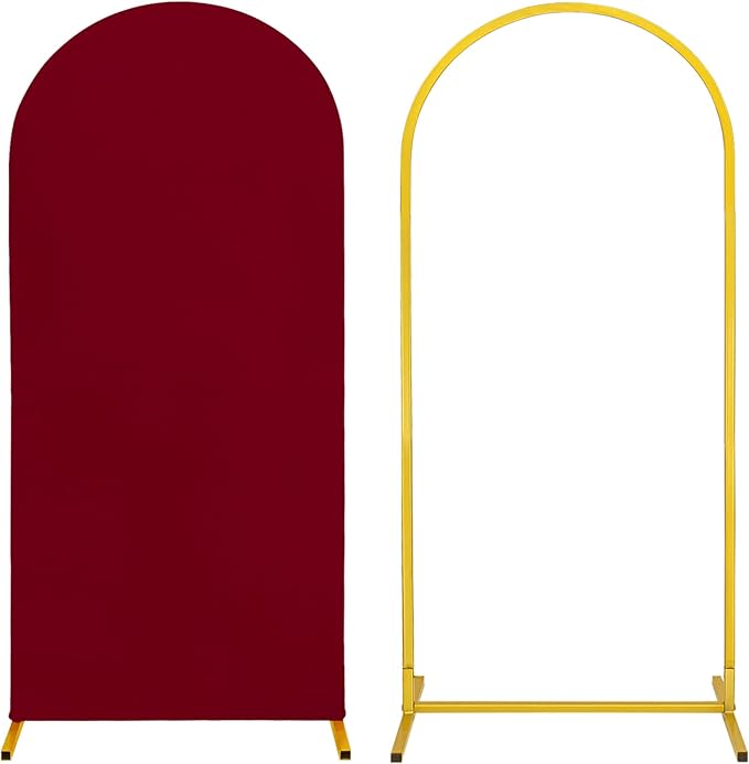 Metal Arch Stand and Cover Set,1 Burgundy Spandex Fitted Backdrop with 1 Gold Wedding Arched Stand Frame for Parties Birthday Baby Shower Bridal Banquet Decoration (6FT)