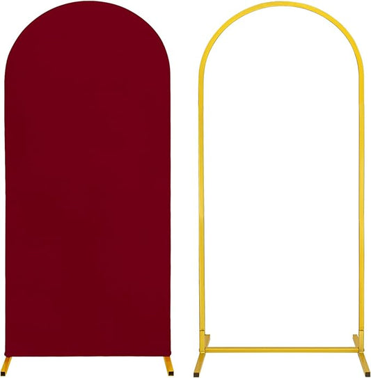 Metal Arch Stand and Cover Set,1 Burgundy Spandex Fitted Backdrop with 1 Gold Wedding Arched Stand Frame for Parties Birthday Baby Shower Bridal Banquet Decoration (6FT)