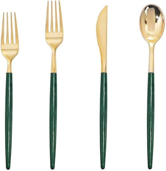 Supernal 180pcs Gold and Green Plastic Silverware Extra Heavy Duty Gold Plastic Cutlery with Green Glitter Handle Disposable Flatware for Parties, Weddings, and Outdoor Events