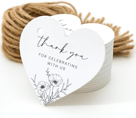 50 Heart Thank You Gift Tags with String Attached, Small Thank You for Celebrating with Us Gift Bag Tags for Presents and Personalized Party Favors - Baby Shower, Wedding, Bridal Shower, Birthday