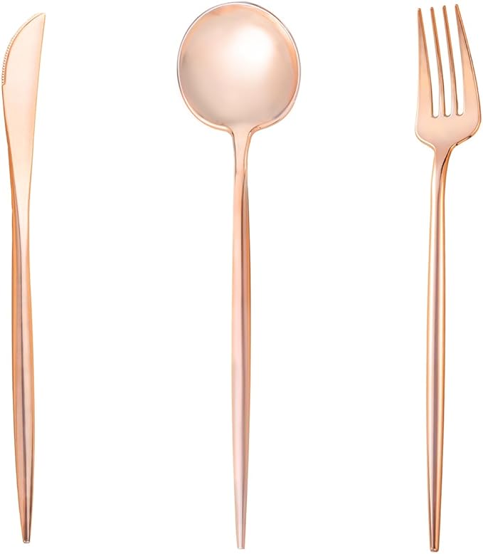 150PCS Rose Gold Plastic Silverware,Heavy Duty Disposable Utensils Include 50 Forks,50 Spoons and 50 Knives,Pink Cutlery Plastic Silverware Sets for Party, Birthday,Wedding