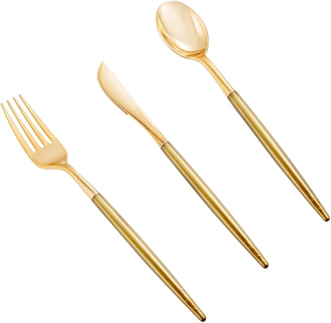 Supernal 102pcs Gold Plastic Silverware, Disposable Cutlery with Dark Gold Handle, Plastic Forks and Spoons Knives,34 Forks,34Knvies,34 Spoons,Perfect for Birthday,Party,Wedding