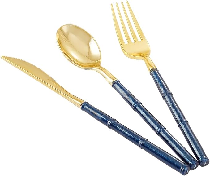 Supernal 180pcs Gold Plastic Silverware,Gold Plastic Cutlery with Blue Glitter Bamboo Handle,Elegant Durable Disposable Cutlery Heavy Duty include 60 Knives,60 Forks,60 Spoons