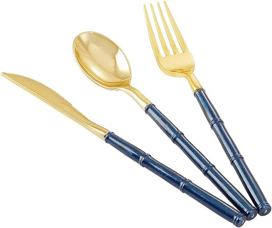 Supernal 180pcs Gold Plastic Silverware,Gold Plastic Cutlery with Blue Glitter Bamboo Handle,Elegant Durable Disposable Cutlery Heavy Duty include 60 Knives,60 Forks,60 Spoons