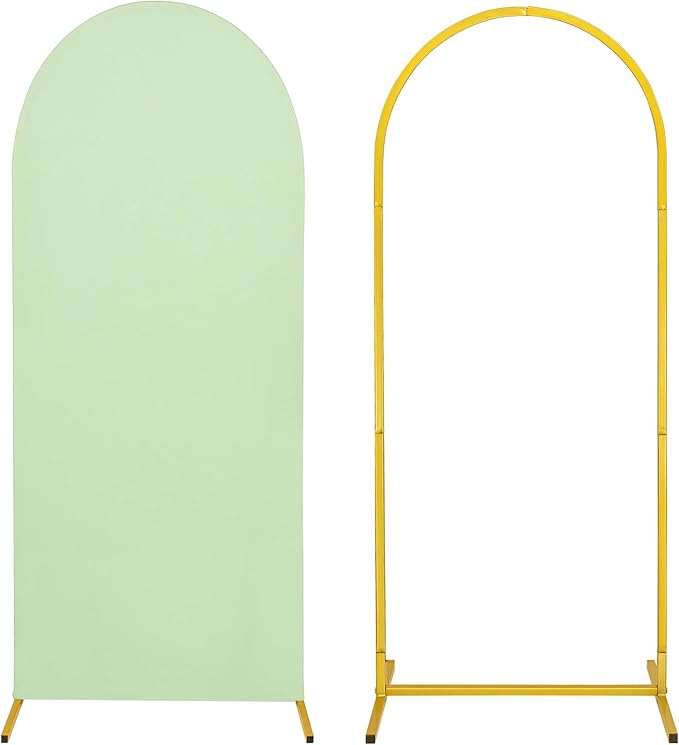 Metal Arch Stand and Cover Set,1 Sage Green Spandex Fitted Backdrop with 1 Gold Wedding Arched Stand Frame for Parties Birthday Baby Shower Bridal Banquet Decoration (4FT)