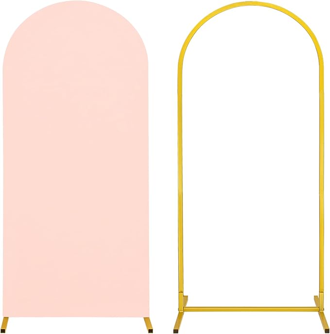 Metal Arch Stand and Cover Set,1 Light Pink Spandex Fitted Backdrop with 1 Gold Wedding Arched Stand Frame for Parties Birthday Baby Shower Bridal Banquet Decoration (5FT)