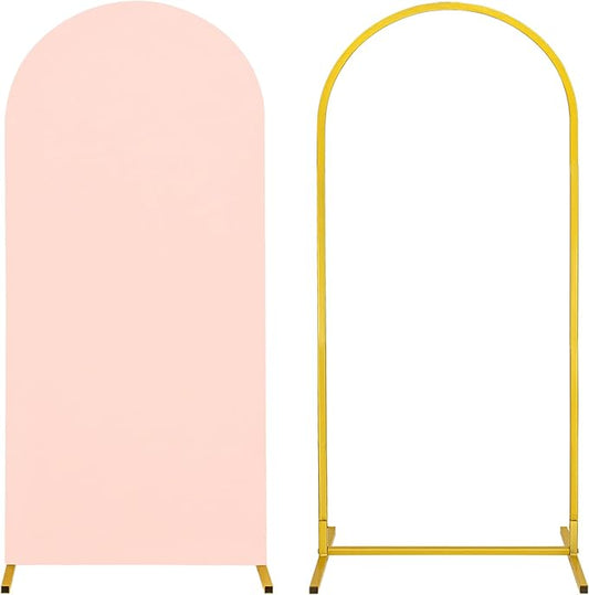 Metal Arch Stand and Cover Set,1 Light Pink Spandex Fitted Backdrop with 1 Gold Wedding Arched Stand Frame for Parties Birthday Baby Shower Bridal Banquet Decoration (5FT)