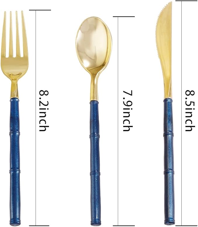 Supernal 180pcs Gold Plastic Silverware,Gold Plastic Cutlery with Blue Glitter Bamboo Handle,Elegant Durable Disposable Cutlery Heavy Duty include 60 Knives,60 Forks,60 Spoons