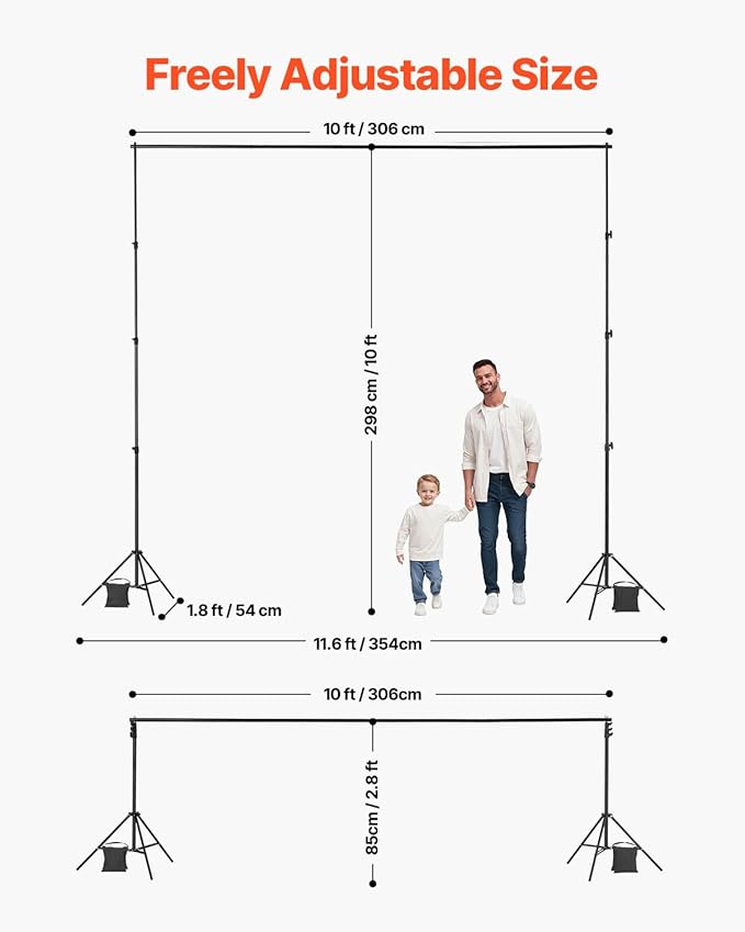 VEVOR Backdrop Stand, 10 x 10 ft Adjustable Photo Backdrop Stand Kit, Portable Background with 4 Crossbars, Heavy Duty Projector Screen , for Wedding, Photo Video Studio & Party
