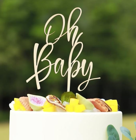 Wooden Oh Baby Cake Topper, New Baby Photo Booth Props, Wooden Cake Topper for Baby Shower or Birthday Decorations (Design02)