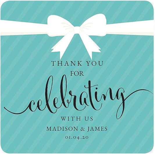 Andaz Press Personalized Square Labels Stickers, Party & Co Thank You for Celebrating with US, 40-Pack, Custom Made Name for Themed Party Favors, Gifts, Decorations