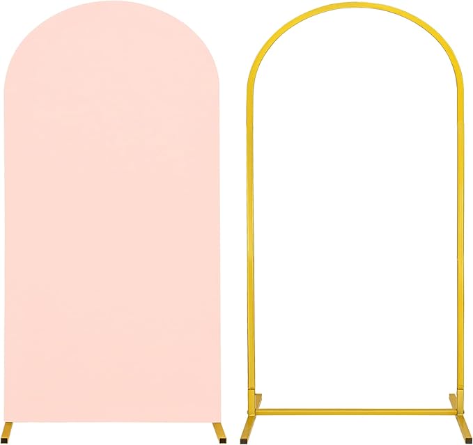 Metal Arch Stand and Cover Set,1 Light Pink Spandex Fitted Backdrop with 1 Gold Wedding Arched Stand Frame for Parties Birthday Baby Shower Bridal Banquet Decoration (6.6FT)