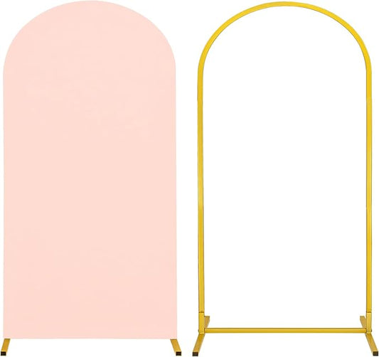 Metal Arch Stand and Cover Set,1 Light Pink Spandex Fitted Backdrop with 1 Gold Wedding Arched Stand Frame for Parties Birthday Baby Shower Bridal Banquet Decoration (6.6FT)