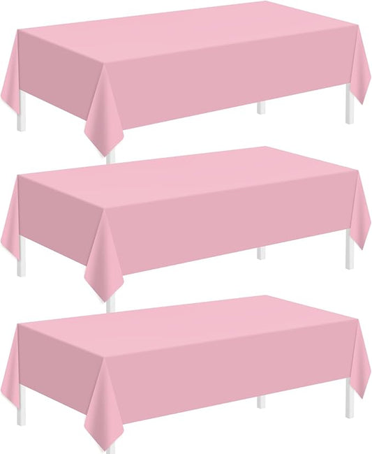 Childom 3 Pack Plastic Tablecloths for Rectangle Tables 54" x 108" Pink Disposable Table Cloths for 6 to 8 Foot Tables Indoor or Outdoor Parties Birthday Wedding Christmas Anniversary Buffet Table