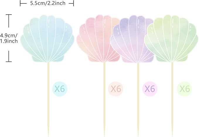 24 Pieces Seashell Cupcake Toppers Under the Sea Mermaid Cake Topper Decorations Picks for Mermaid theme Birthday Party Decoration Baby Shower Supplies (Seashell)