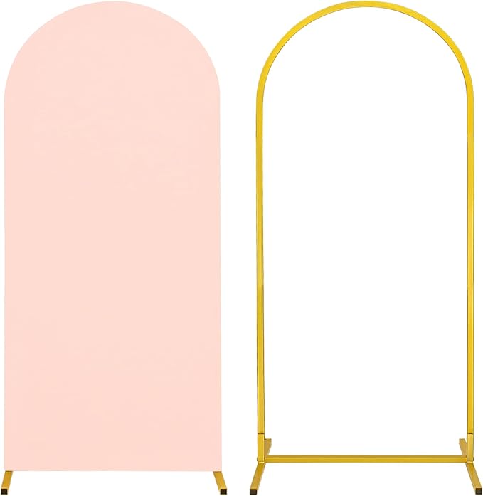 Metal Arch Stand and Cover Set,1 Light Pink Spandex Fitted Backdrop with 1 Gold Wedding Arched Stand Frame for Parties Birthday Baby Shower Bridal Banquet Decoration (6FT)