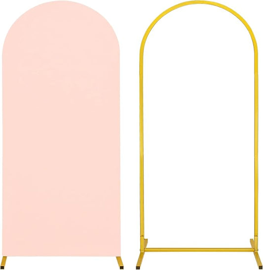 Metal Arch Stand and Cover Set,1 Light Pink Spandex Fitted Backdrop with 1 Gold Wedding Arched Stand Frame for Parties Birthday Baby Shower Bridal Banquet Decoration (6FT)