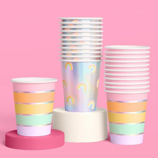 xo, Fetti Iridescent Rainbow Paper Cups - 12 oz, 24 pcs | Pastel Party Drinkware, Cute Dinner Party Setting, Bachelorette Decoration, Kids Birthday Tablescape