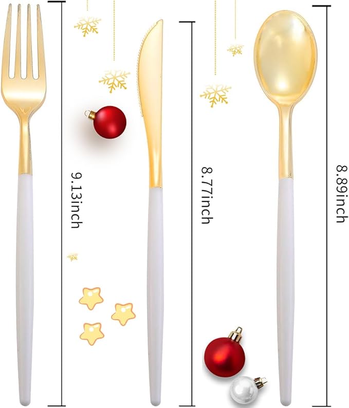 I00000 144Pcs Gold Plastic Silverware, Gold Plastic Utensils Set,Disposable Utensils Heavy Duty,Disposable Silverware Set Includes 48 Forks,48 Knives,48 Spoons for Party & Thanksgiving