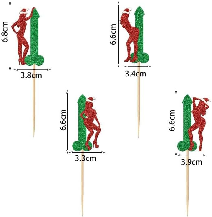 24Pcs Christmas Cupcake Toppers Red-green Glitter Pole Dancing Girl Cupcake Toppers Bachelor Party Christmas Hat Cupcake Picks for Christmas Bachelor Hen Funny Bridal Shower Birthday Party Supplies