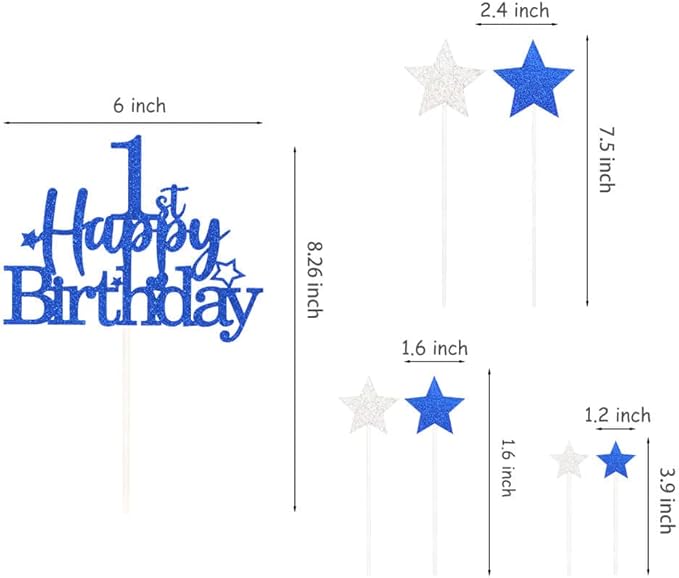 Glittery 1st Happy Birthday Cake Topper with Star,Personalised 1 Birthday Cake Toppers Party Decorations Party Supplies for Baby Boys Girls Blue