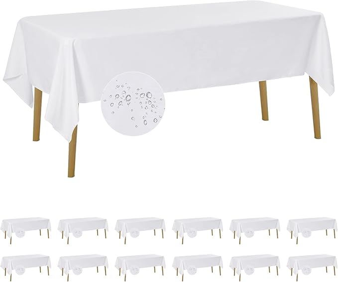 Fokitut 12 Pack Waterproof Rectangle Tablecloth, 60x120 Inch,Stain Resistant and Wrinkle Polyester Table Cloth, Fabric Table Cover for Kitchen Dining, Wedding, Party, Holiday Dinner-White