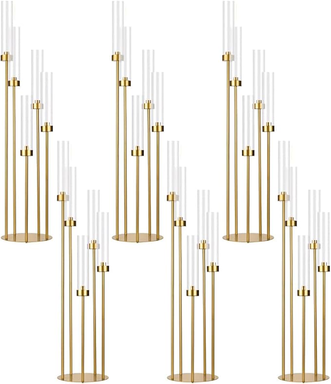 6PCS 5 Arm Candle Holder for Wedding Table,39.4'' Tall Gold Floor Candelabra with Acrylic Lampshade for Birthday Party Home Decoration,Fit LED Taper Candles