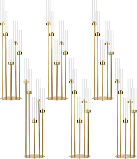 6PCS 5 Arm Candle Holder for Wedding Table,39.4'' Tall Gold Floor Candelabra with Acrylic Lampshade for Birthday Party Home Decoration,Fit LED Taper Candles