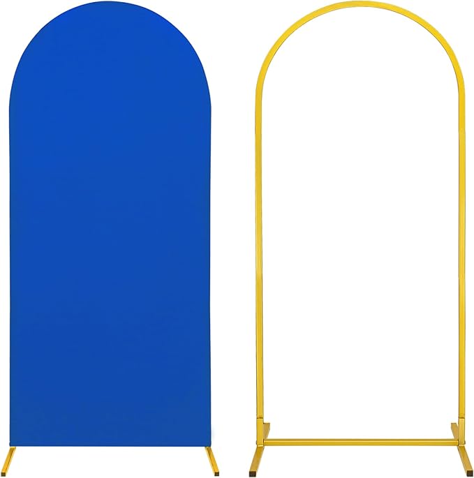 Metal Arch Stand and Cover Set,1 Royal Blue Spandex Fitted Backdrop with 1 Gold Wedding Arched Stand Frame for Parties Birthday Baby Shower Bridal Banquet Decoration (6FT)