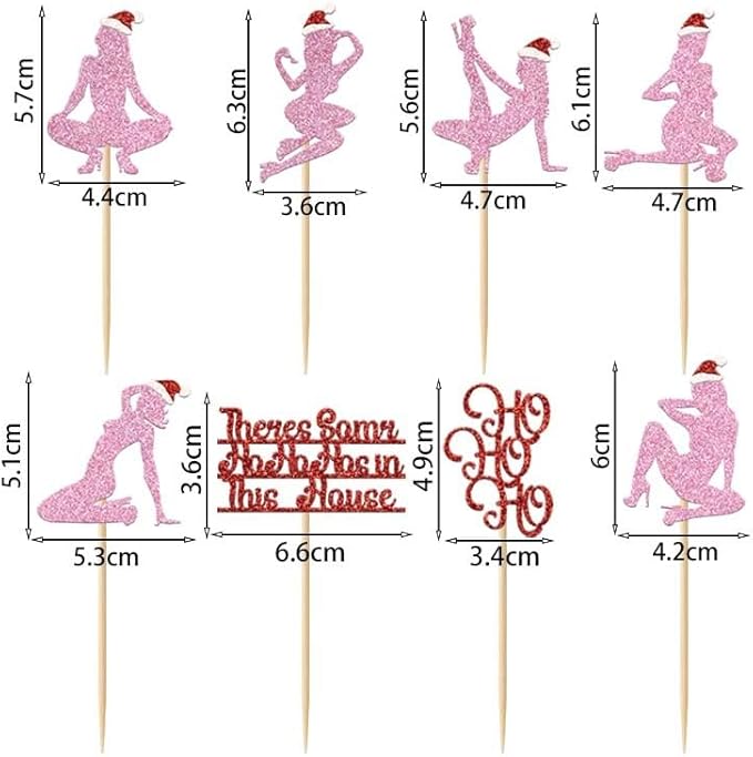 24Pcs Christmas Cupcake Toppers Pink Glitter Bachelor Cupcake Picks Christmas Hat Hohoho Eve Decorations for Night Out Bachelorette Wedding Bridal Shower