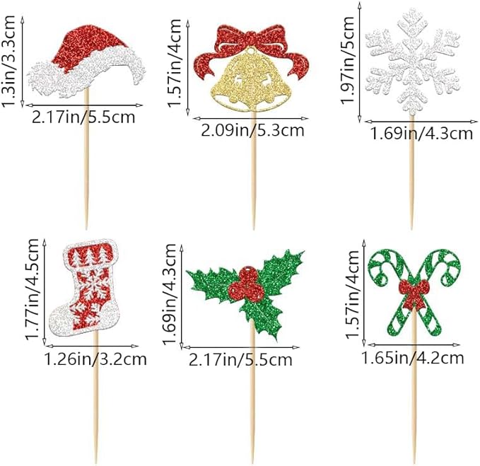 24Pcs Christmas Cupcake Toppers Xmas Sock Hat Snowflake Bell Candy Canes Cupcake Picks for Xmas Holiday New Year Holiday Baby Shower Kids Birthday Party Supplies