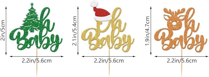 24Pcs Christmas Oh Baby Cupcake Toppers Glitter Christmas Tree Reindeer Santa Hat Baby Shower Birthday Cupcake Picks for Theme Baby Shower Kids Birthday Party