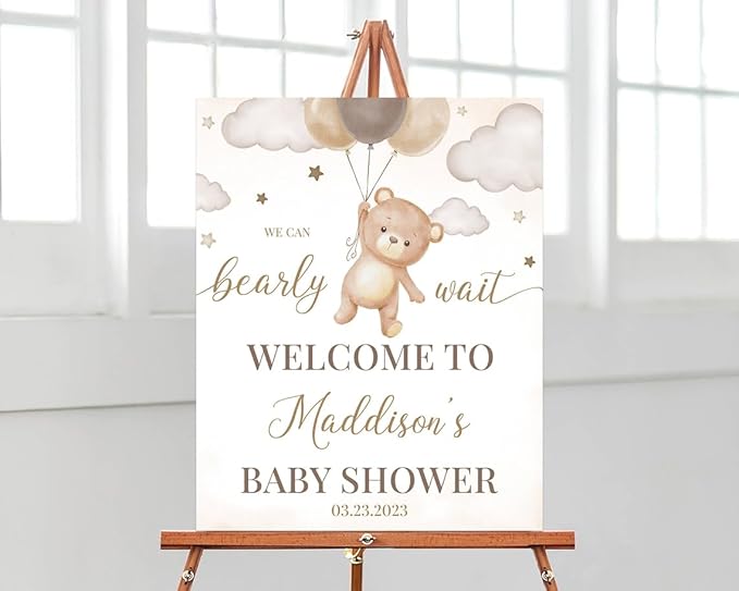 Brown Bear Balloon Baby Shower Welcome Sign, We Can Bearly Wait Baby Shower Sign, Baby Shower Welcome Sign, Welcome Sign for Baby Shower, Welcome Baby Shower Sign, Welcome to Baby Shower