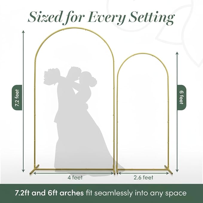 STELA & VINE 2 Pack Metal Arch Backdrop Stand Set (7.2FT & 6FT) – Gold Anti-Rust Arched Frame Kit with Water Bags, Carry Bags & Balloon Dot Glue for Weddings, Parties, Baby Showers & Photo Deco