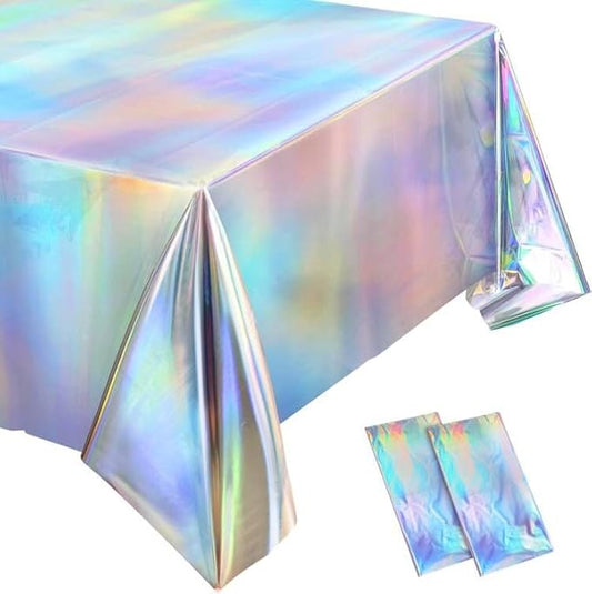 BRAVESHINE Disposable Iridescent Tablecloth - Holographic Table Cloths Rectangle Table Covers for Mermaid/Undersea/Frozen/Ocean Theme Party Decorations - 2 Pack, 54 x 108In