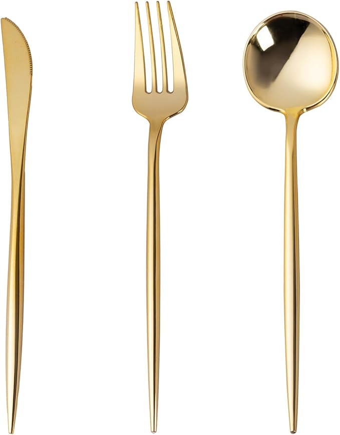 150PCS Gold Plastic Silverware,Heavy Duty Disposable Utensils Include 50 Forks,50 Spoons and 50 Knives,Gold Cutlery Plastic Silverware Sets for Party, Birthday,Wedding