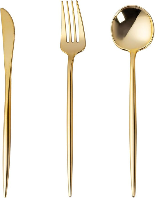 150PCS Gold Plastic Silverware,Heavy Duty Disposable Utensils Include 50 Forks,50 Spoons and 50 Knives,Gold Cutlery Plastic Silverware Sets for Party, Birthday,Wedding