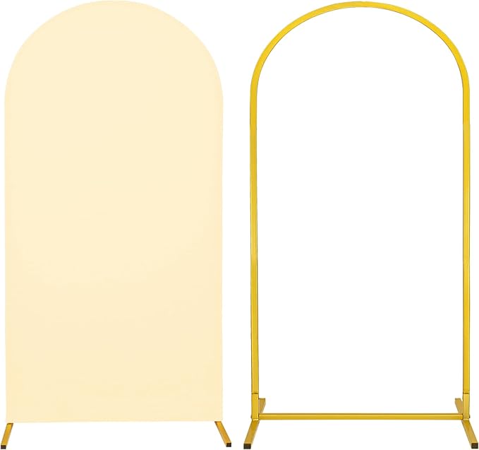 Metal Arch Stand and Cover Set,1 Beige Spandex Fitted Backdrop with 1 Gold Wedding Arched Stand Frame for Parties Birthday Baby Shower Bridal Banquet Decoration (6.6FT)