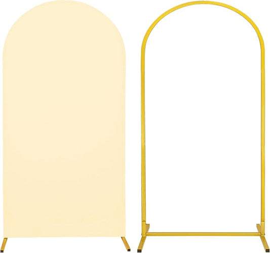 Metal Arch Stand and Cover Set,1 Beige Spandex Fitted Backdrop with 1 Gold Wedding Arched Stand Frame for Parties Birthday Baby Shower Bridal Banquet Decoration (6.6FT)
